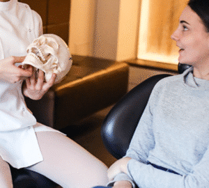 Dental consultation with skull model.